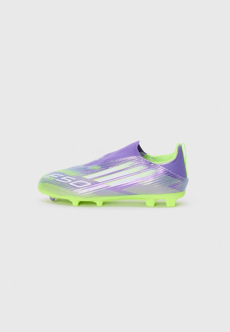 Football boot with a sleek design, featuring a gradient of purple and green colors, synthetic material, and molded studs for grip.