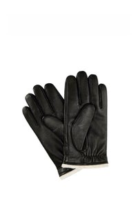 Sorte læderhandsker med en glat tekstur, der har fem fingre, rynkede håndledsmanchetter og en lysefarvet stofforing ved manchetterne.