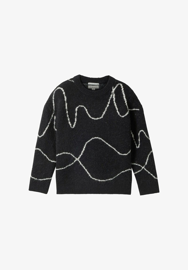 Schwarzer Strickpullover mit rundem Halsausschnitt, der weiße abstrakte wellenförmige Muster aufweist. Der Stoff wirkt weich und strukturiert, mit langen Ärmeln.