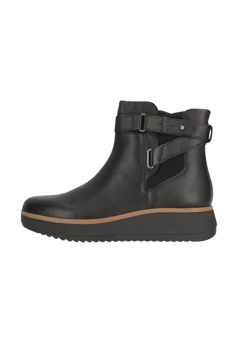 Bottines en cuir noir avec des sangles ajustables et des panneaux élastiques sur les côtés, présentant un dessus texturé et une semelle en caoutchouc épaisse avec un accent marron clair.