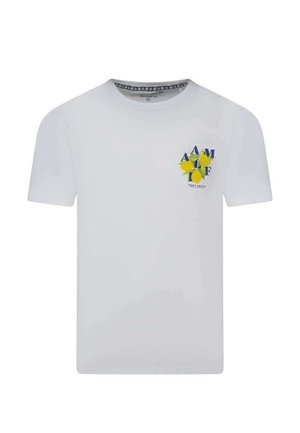 T-shirt blanc à manches courtes avec petits lettres bleues et graphisme de citrons jaunes sur le côté gauche de la poitrine, col rond avec bordure intérieure à motif.