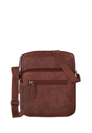 Brown leather crossbody bag with front zipper pocket, adjustable strap, and main compartment zipper closure.