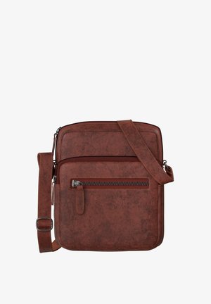Braune Leder-Umhängetasche mit vorderer Reißverschlusstasche, verstellbarem Riemen und Reißverschlussverschluss für das Hauptfach.