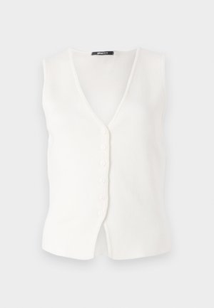 White sleeveless cardigan with a v-neck, seven button closure, and a slightly curved hem. Made from a soft, textured knit material.