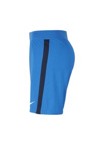 Pantalones cortos deportivos azules con un diseño texturizado, que presentan una raya vertical de color azul oscuro y un logotipo blanco en la parte inferior frontal. Tejido elástico.