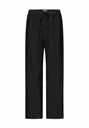 Black, loose-fitting trousers made of lightweight fabric, featuring an elastic waistband with a drawstring and straight legs.