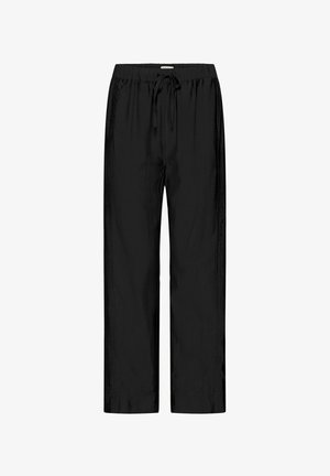 Black, loose-fitting trousers made of lightweight fabric, featuring an elastic waistband with a drawstring and straight legs.