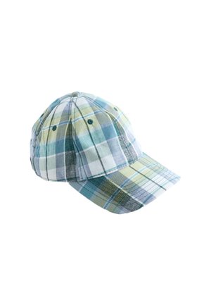 Baseballkasket med buet skygge, med et blåt, grønt og hvidt ternet mønster og syede ventilationshuller på toppen.
