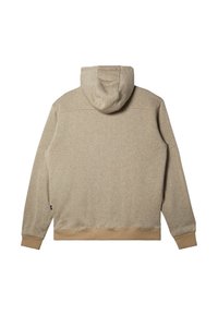 Felpa beige con un knit testurizzato e screziato. Presenta un grande cappuccio e polsini e orlo a coste. Design minimalista senza branding visibile.