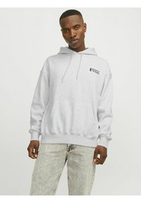 Hoodie gris clair en tissu doux, avec une poche kangourou à l'avant et un petit logo imprimé sur la poitrine. Manches longues avec des poignets côtelés.