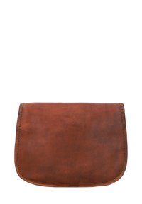 Brun læder clutch taske, rektangulær form, glat tekstur, med kontraststing langs kanterne og en fold-over lågåbning.