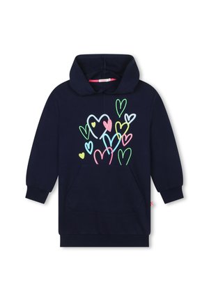 Vestido sudadera de color azul marino con capucha, bolsillo frontal y contornos de corazones coloridos en rosa, verde, amarillo y azul claro en el pecho.