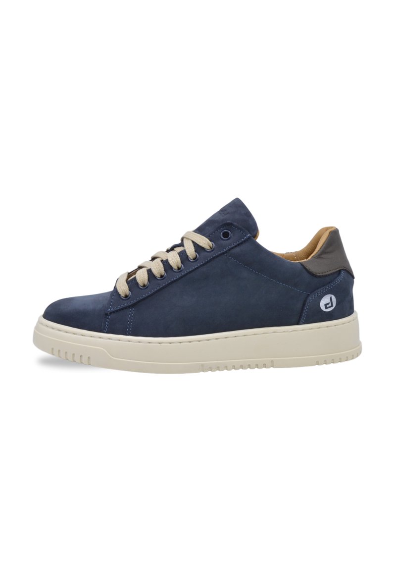 Navy leather sneaker with a smooth texture, beige laces, and a cream rubber sole; features a logo near the heel and contrasting brown accents.