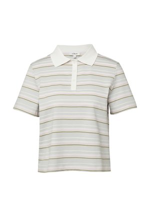 Polo à manches courtes avec col blanc présentant des rayures horizontales dans des tons verts doux, blanc et rose clair.