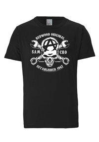 Black T-shirt made of cotton, featuring a white skull with an "A" symbol, wrenches, and text. Round neckline, short sleeves, casual fit.