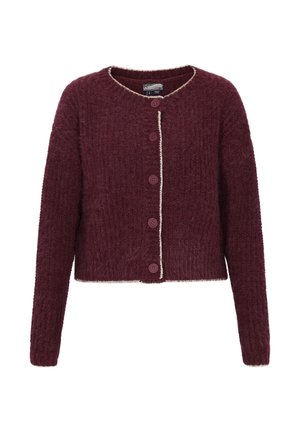 Zachte, kastanjebruine gebreide cardigan met lange mouwen, ronde hals, vijf knopen aan de voorkant en beige randen langs de zijkanten.