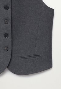 Szara kamizelka z tkaniny, wyposażona w sześć czarnych guzików, dopasowany krój oraz jedną boczną kieszeń, charakteryzująca się subtelną fakturą i starannym przeszyciem.