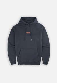 Hoodie marine en coton. Dispose d'une capuche avec cordon de serrage, d'une poche frontale et d'un petit logo rouge sur la poitrine. Texture lisse.