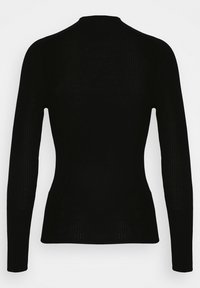 Pull noir cintré à manches longues avec une texture subtilement côtelée verticale et un col rond légèrement relevé, montré de dos.