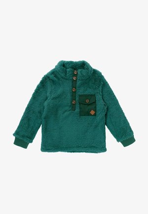 Polaire verte à col montant, patte de boutonnage à quatre boutons et poche poitrine. Tissu texturé et moelleux avec poignets côtelés.