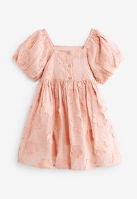 Rosa besticktes Kleid mit kurzen Puffärmeln, quadratischem Ausschnitt und Knopfdetails am Oberteil. Hat florale Muster auf dem Stoff.