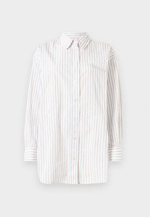 Button-up shirt with long sleeves, featuring vertical stripes in white, light blue, and light pink. Lightweight fabric with a collared neck.