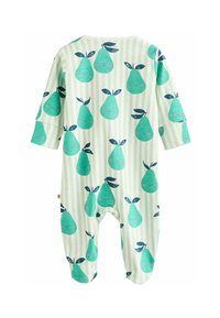 Rohelise ja valge triibuline ühtne riietus, millel on naeratavate nägude ja lehtedega pirni muster. Valmistatud pehmest kangast, millel on mugav lõige. Pikad varrukad.