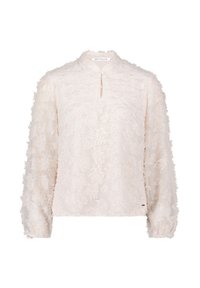 Langärmlige Bluse aus strukturiertem, cremefarbenem Stoff mit floralem Muster, ausgestattet mit einem geknöpften Schlüssel-Ausschnitt und elastischen Bündchen.