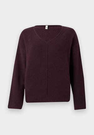 V-neck sweater in dark purple, made of soft, textured fabric. Features long sleeves and ribbed edges at cuffs and hem.