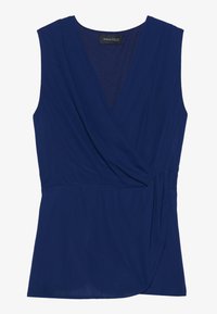 Navyblauw mouwloos topje met een v-hals, wikkeldesign en gedrapeerde textuur. Heeft een binnenvoering en subtiele steekdetails.