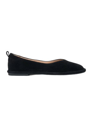 Black suede ballet flat with a rounded toe, minimalistic design, and a small back tab, featuring a flat rubber sole and smooth interior.