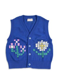 Chaleco sin mangas de punto azul con botones frontales y patrones de flores estilo píxel en rosa, blanco, amarillo y verde a cada lado.