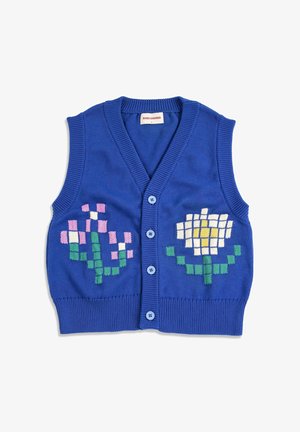 Veste sans manches en tricot bleu avec boutons sur le devant et motifs floraux en pixels rose, blanc, jaune et vert de chaque côté.