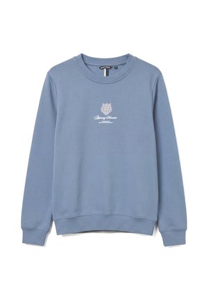 Felpa blu a maniche lunghe con scollo rotondo, con un piccolo logo bianco della testa di tigre e la scritta "Estony Morato Established Two Thousand Seven" sul petto.