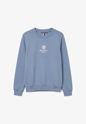 Felpa blu a maniche lunghe con scollo rotondo, con un piccolo logo bianco della testa di tigre e la scritta "Estony Morato Established Two Thousand Seven" sul petto.