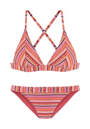 Two-piece bikini with pink, orange, and red striped tribal patterns, featuring a triangle top with crossed back straps and matching low-rise bottoms.