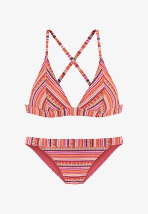 Two-piece bikini with pink, orange, and red striped tribal patterns, featuring a triangle top with crossed back straps and matching low-rise bottoms.