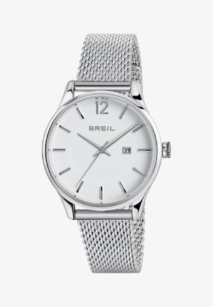 Zilveren mesh band horloge met een witte ronde wijzerplaat, minimalistische uurmarkeringen en datumnotatie. Merkennaam "BREIL" gedrukt onder de 12.