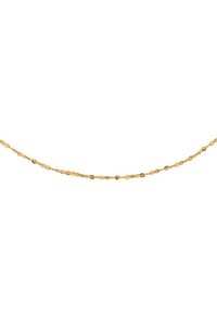 Gold chain necklace with textured oval links, alternating in shape and finish, creating a subtle shine across its length.