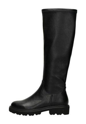 Schwarzer kniehoher Lederstiefel mit abgerundeter Schuhspitze, flacher Sohle und niedrigem Absatz, seitlich auf weißem Hintergrund dargestellt.