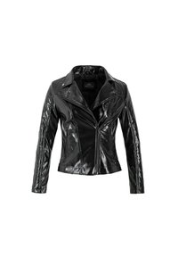Schwarze Leder-Motorradjacke mit glänzendem Finish, asymmetrischem Reißverschluss, spitzem Kragen und gesteppten Details an den Ärmeln.