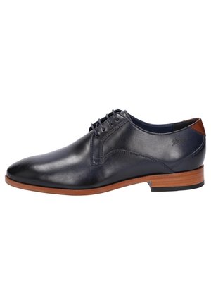 Marineblaues Leder-Dressschuh mit glatter Oberfläche, runder Spitze, ovalen Schnürsenkeln und braunen Lederakzenten an der Ferse. Flache Sohle mit leichter Erhöhung.