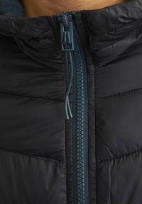 Chaqueta de plumas negra con un cuello alto, que presenta una cremallera central y un cordón ajustable. Textura suave con secciones acolchadas para el aislamiento.