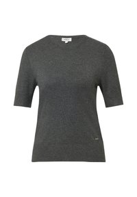 Grijs sweater met korte mouwen van zacht gebreid materiaal. Heeft een ronde halslijn en een klein logo-accent aan de onderrand. Soepele textuur.