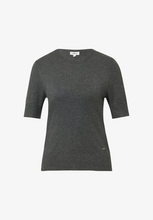 Siva majica kratkih rukava od mekog pletenog materijala. Ima okrugli izrez i mali logotip na rubu. Glatka tekstura.