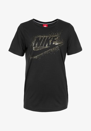 Mustat lyhyet hihattomat t-paidat, jotka on valmistettu pehmeästä kankaasta, ja joissa on valtava kultainen kimaltava Nike-logo, jossa on dynaaminen roiskeen muotoilu edessä.