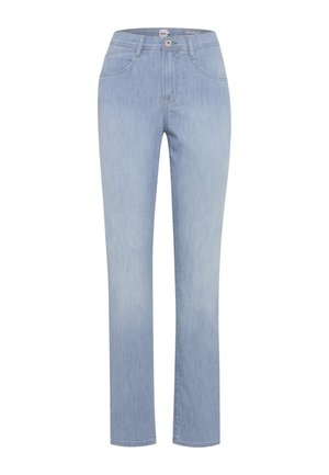 Lyseblå straight-fit denimjeans med forlommer, bæltestropper, knaplukning og diskret falmning ved lår og knæ.