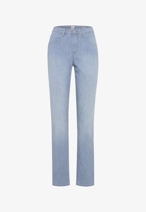 Lyseblå straight-fit denimjeans med forlommer, bæltestropper, knaplukning og diskret falmning ved lår og knæ.