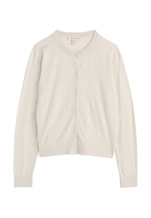 Világos bézs, hosszú ujjú kardigán kerek nyakkivágással és elöl gombolható záródással, puha kötött anyagból készült.