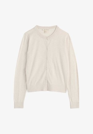 Világos bézs, hosszú ujjú kardigán kerek nyakkivágással és elöl gombolható záródással, puha kötött anyagból készült.